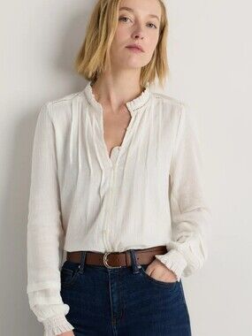 Quince Organic Textured Cotton Peasant Blouse Women XS White Sleeved Top